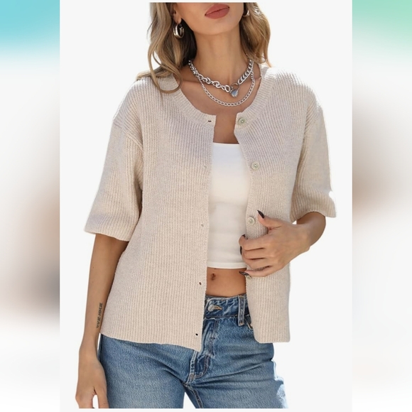 Button Down Y2k Tops Cardigan Short Sleeve Lightweight Sweater Top - Picture 1 of 6